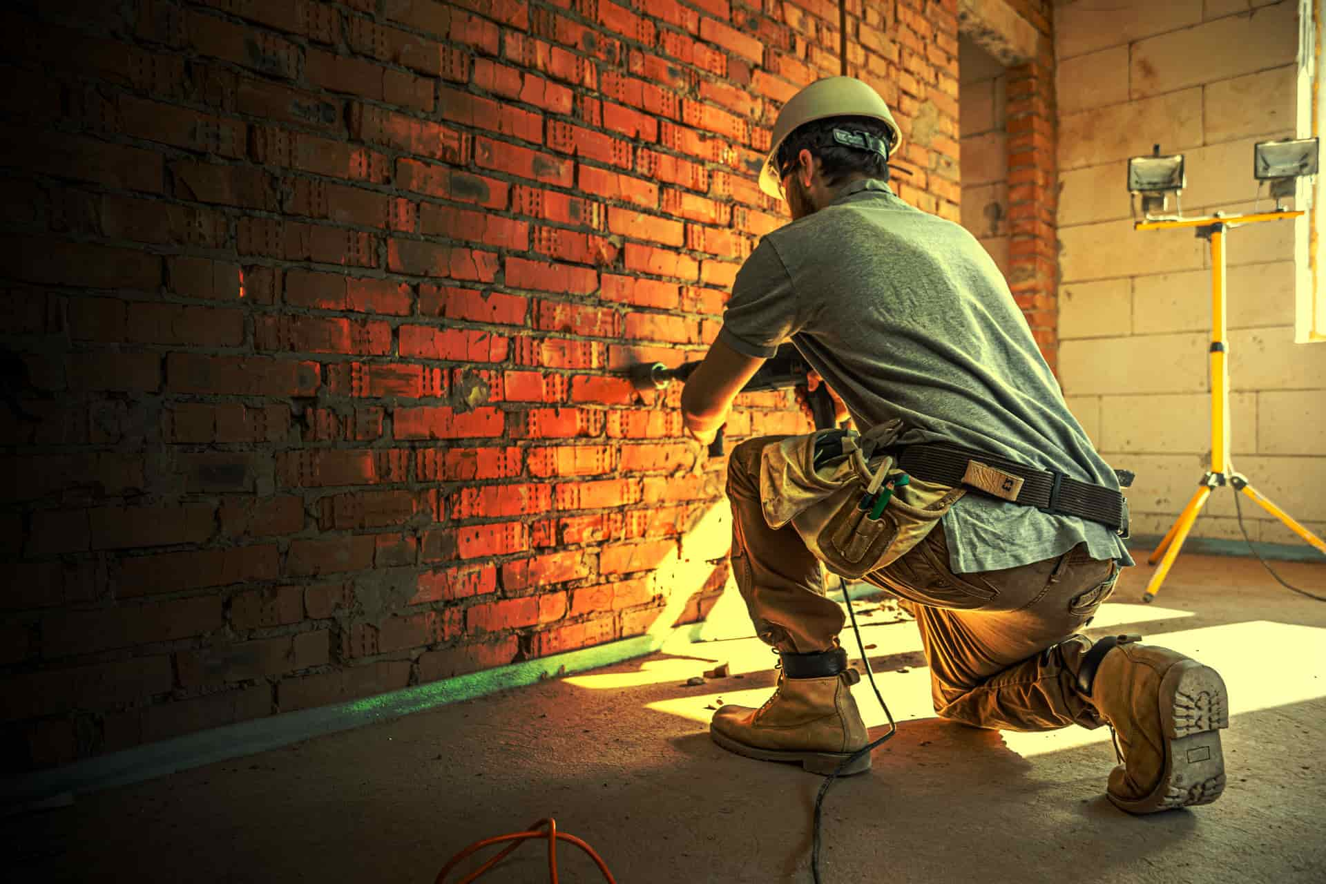 Worker drilling on a wall